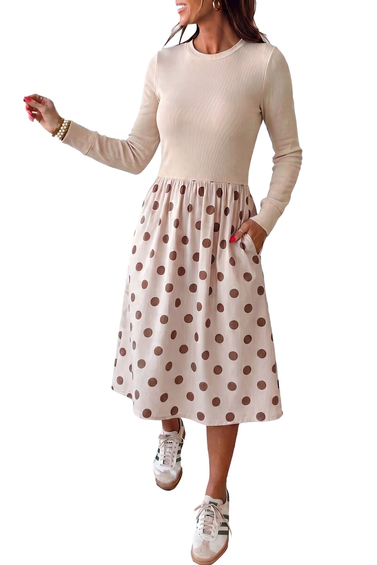 Beige Polka Dot Midi Long Sleeve Dress