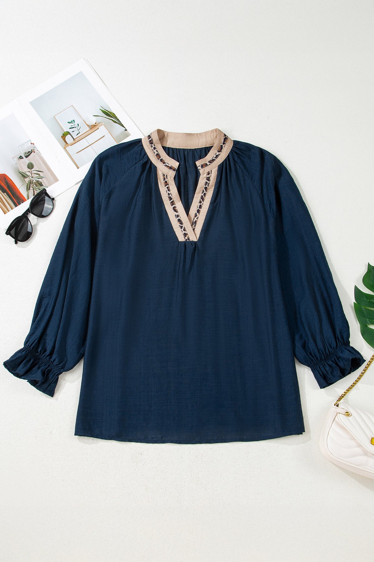 Navy Blue Contrast Leopard Patchwork Collar Plus Size Long Flounce Sleeve Blouse