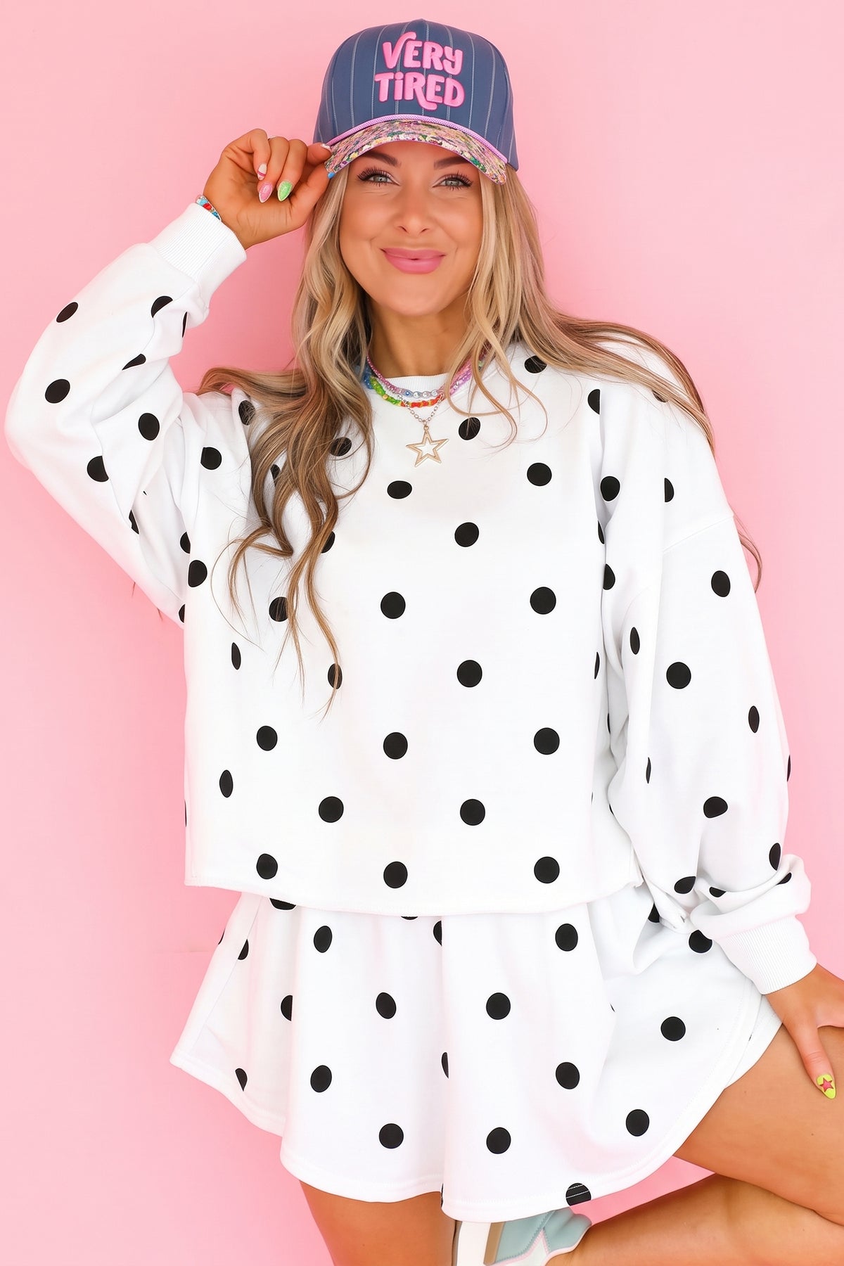 Brown Polka Dot Raw Hem Relaxed Pullover Loose Skort Two Piece Set