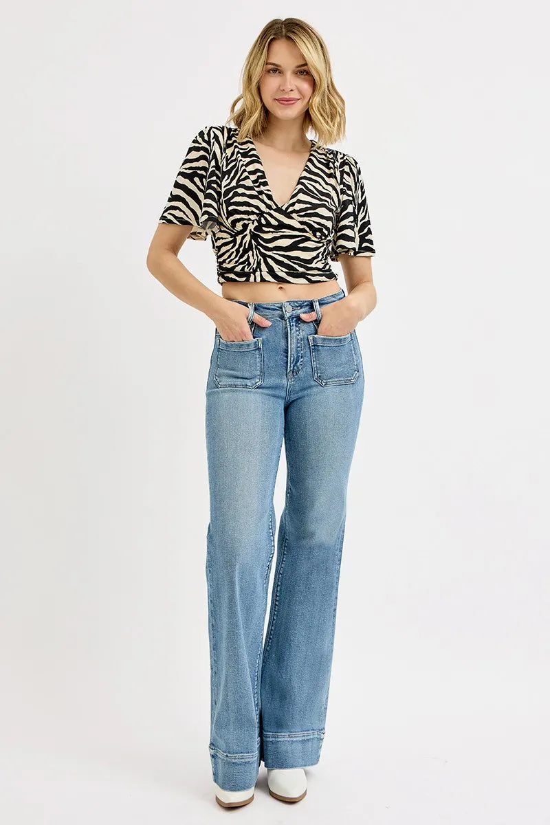 RISEN High Rise Wide Flare Patch Pocket Jeans