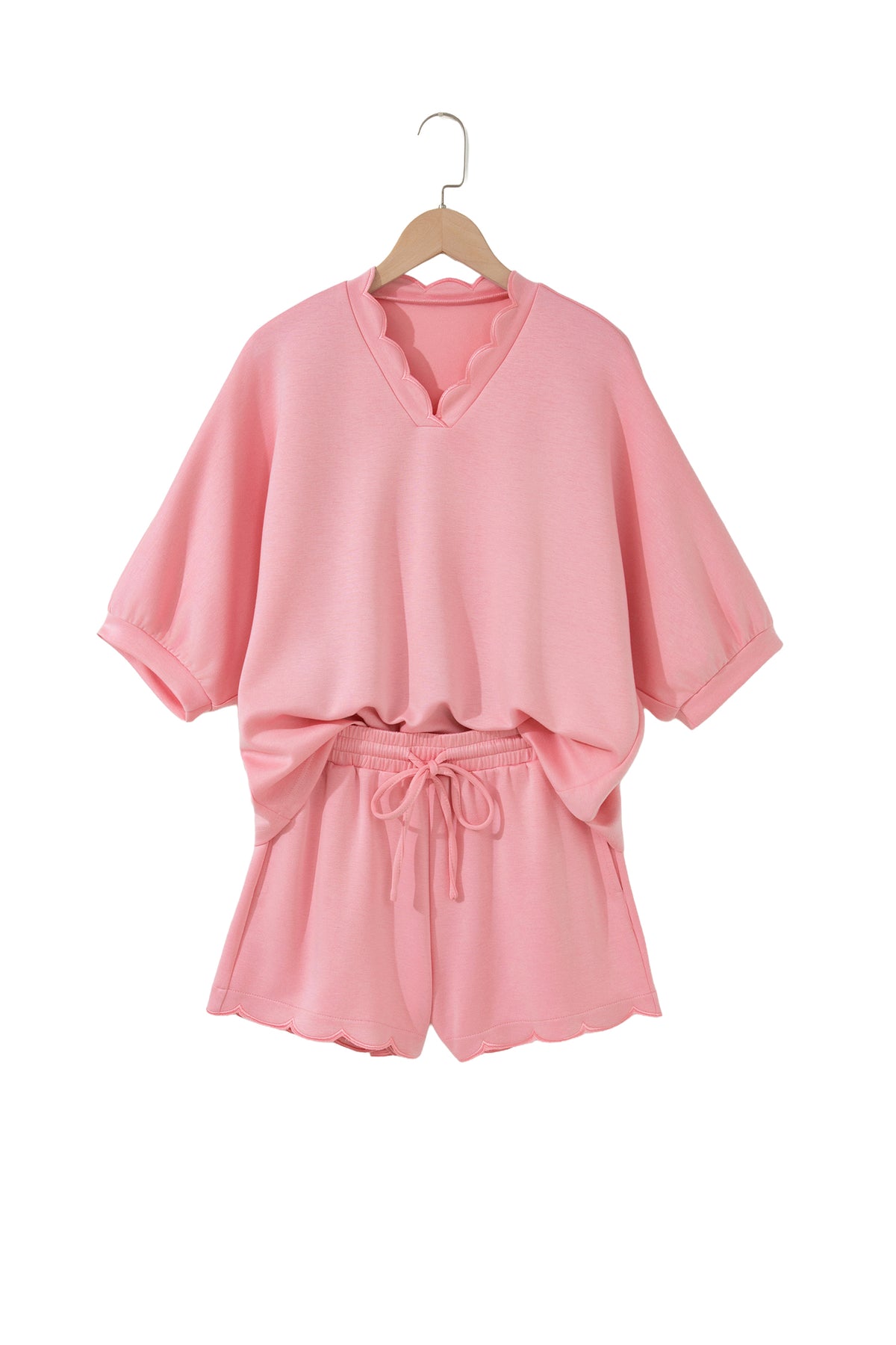 Gossamer Pink Scalloped V Neck Dolman Oversize Top Drawstring Short Set
