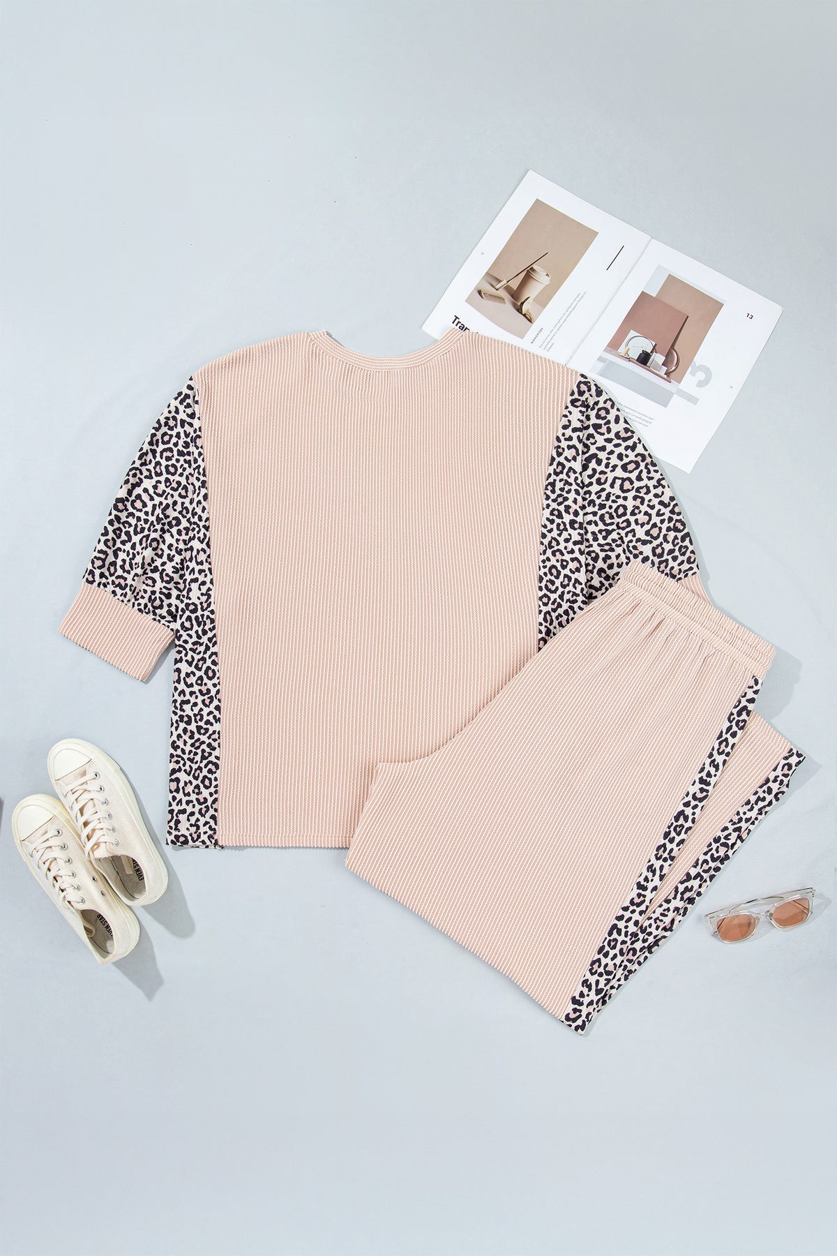 Light French Beige Leopard Print Ribbed Twist Long Sleeve Top Pants Plus Size Set