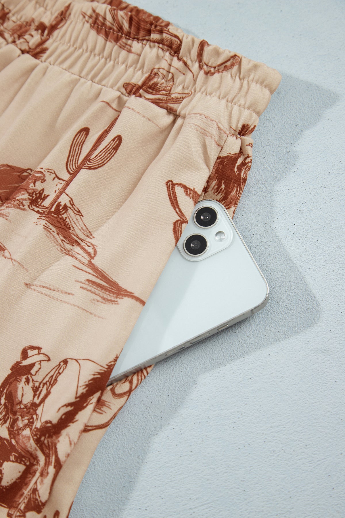 Beige Western Print Loose Fit Long Sleeve Top Short Set