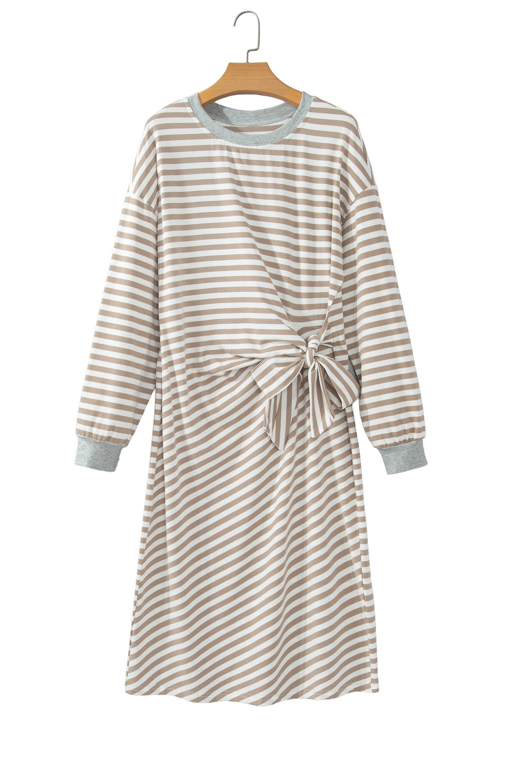 Khaki Stripe Striped Colorblock Cuffs Round Neck Long Sleeve Shift Dress