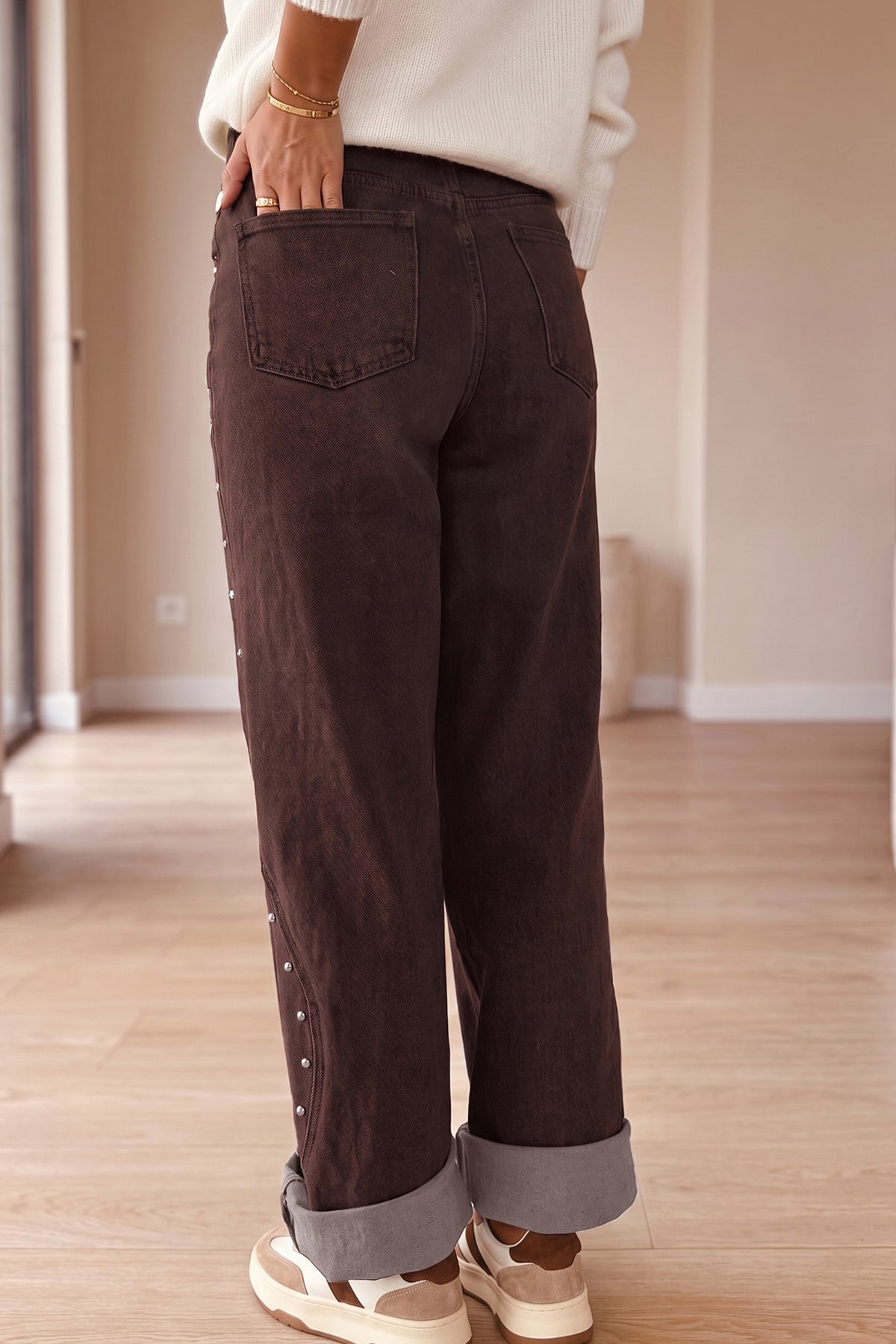 Coffee Side Seam Rivet Detail Ankle Length Casual Jeans