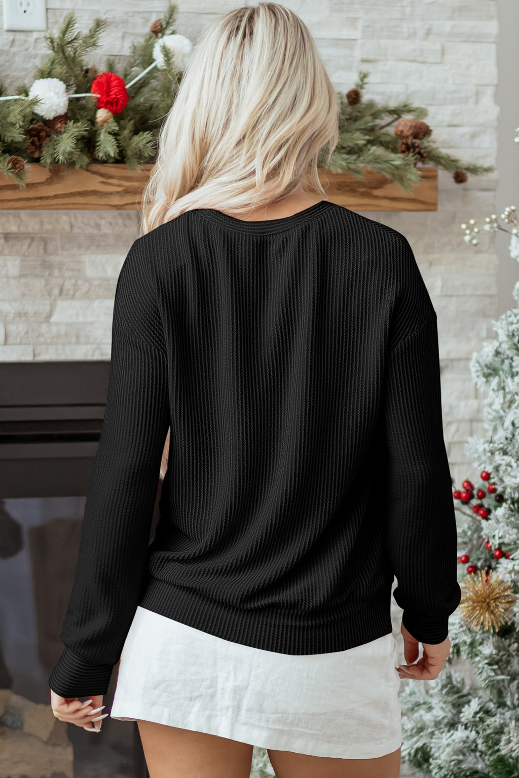 Blackish Green Twisted Rib Outlined Merry Letter Graphic Loose Long Sleeve Top
