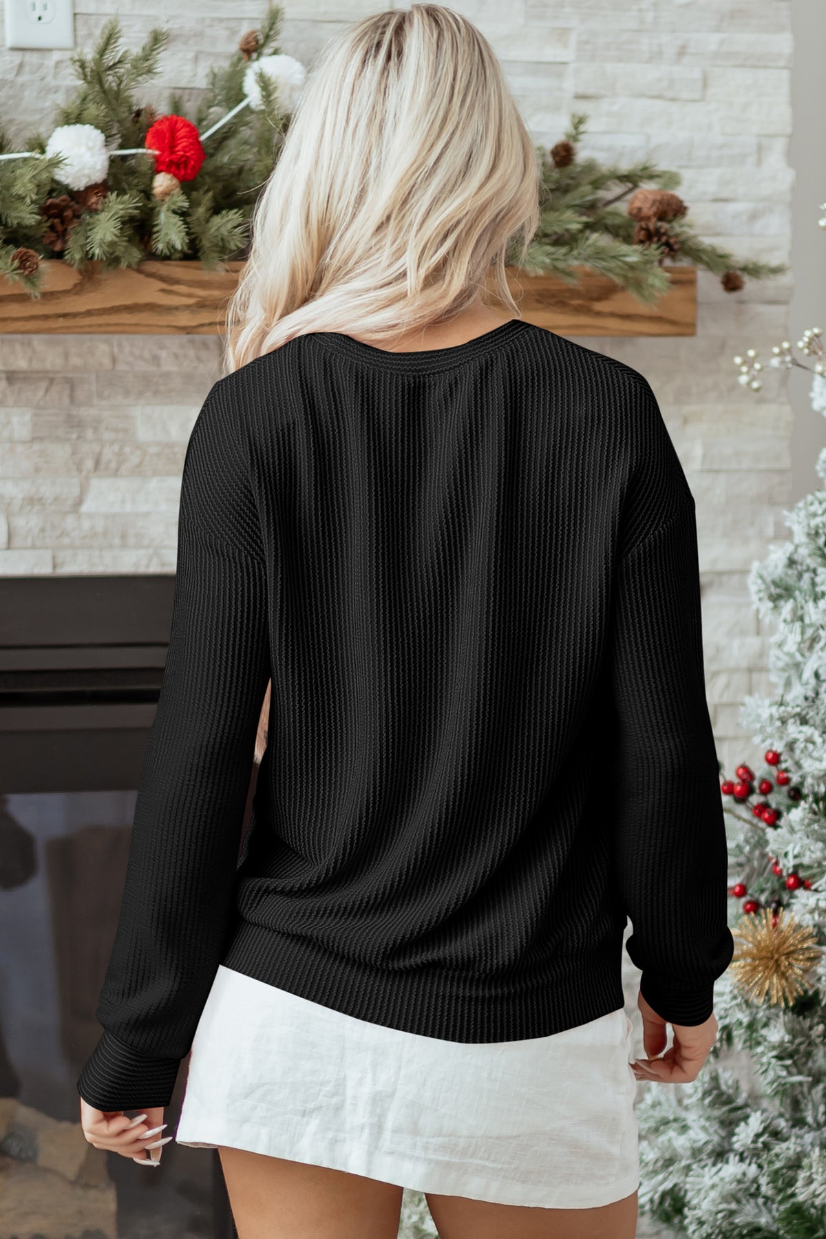 Blackish Green Twisted Rib Outlined Merry Letter Graphic Loose Long Sleeve Top