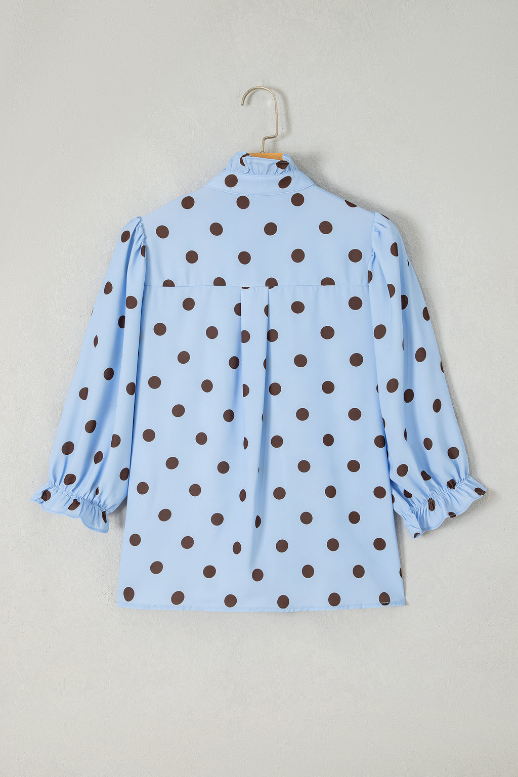 Sky Blue Polka Dot Print Ruffle Stand Neck 3/4 Sleeve Shift Shirt