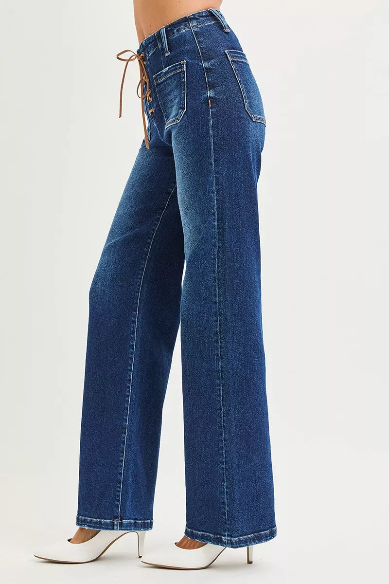 RISEN Full Size High Rise Wide Leg Jeans with Front Tie