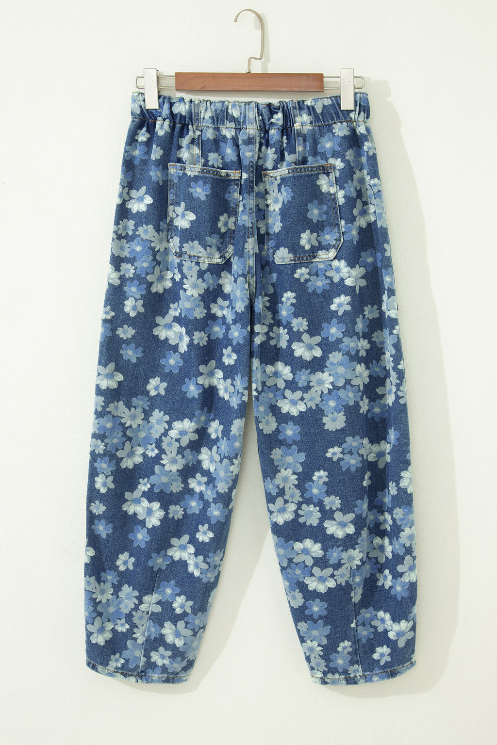 Sky Blue Dainty Floral Printed Drawstring Barrel Jeans