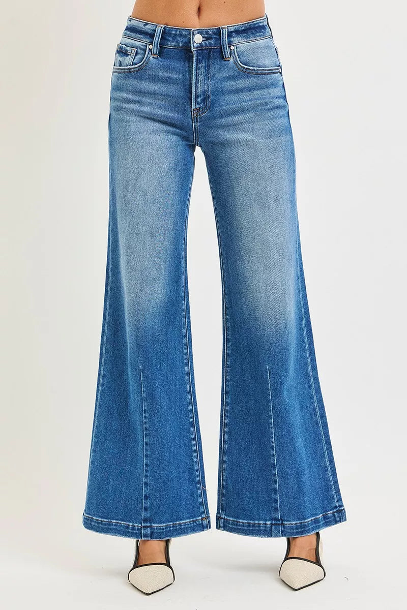 RISEN Mid Rise Wide Flared Leg Jeans