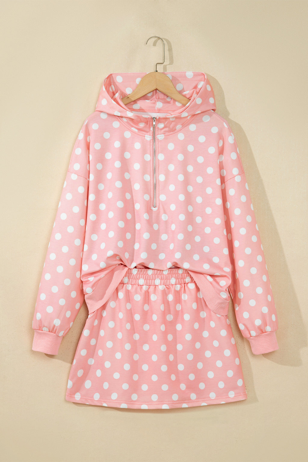 Pink Polka Dot Hooded Long Sleeve Top Casual Mini Skort Set