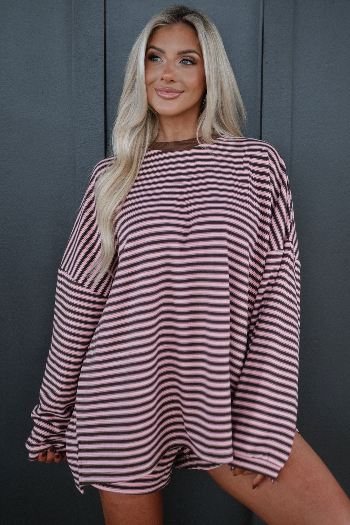 Sky Blue Stripe Long Sleeve Oversized Top Pocketed Casual Shorts Two Piece Set