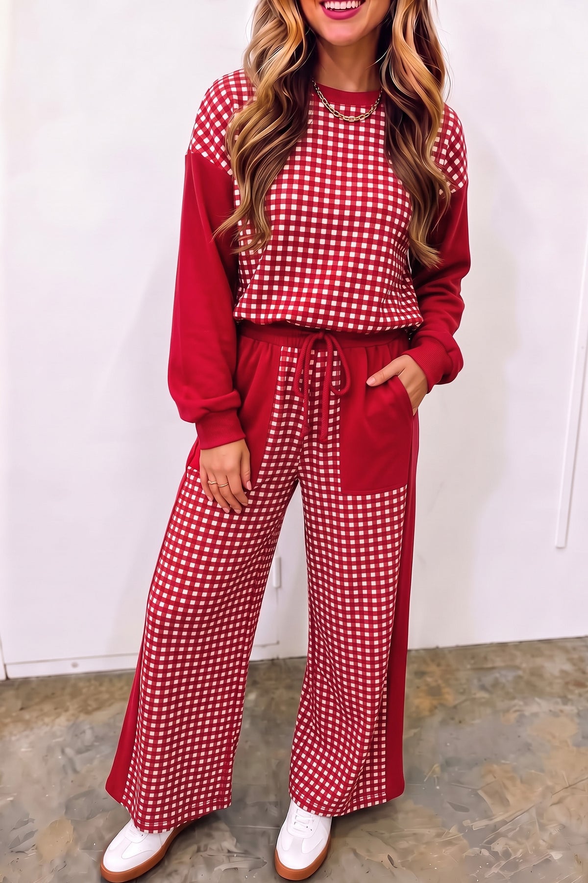Khaki Color Block Plaid Patchwork Long Sleeve Pullover Wide Leg Pant Set