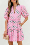 Pink Polka Dot Print V Neck Short Sleeve Tiered Mini Dress