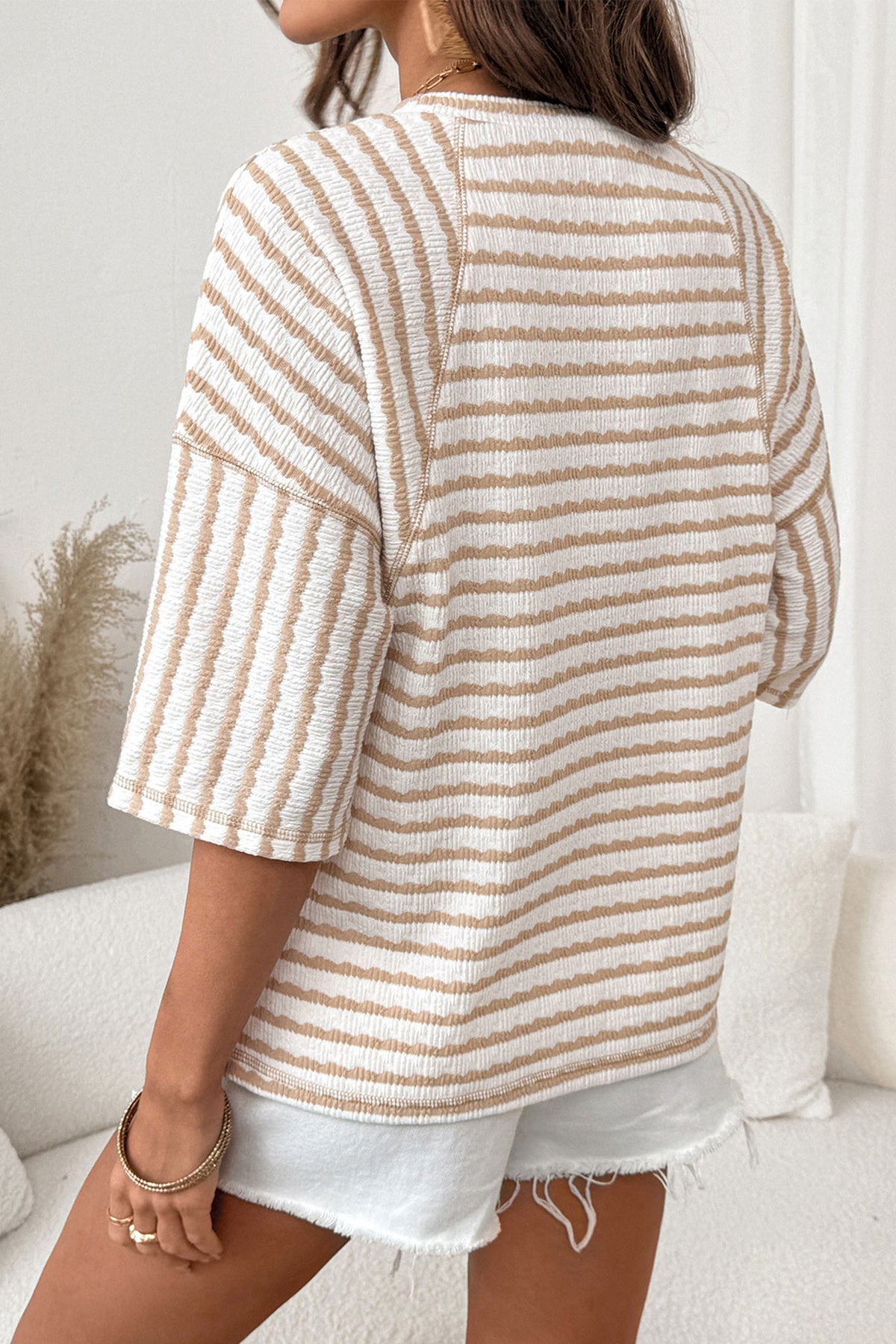 Pink Stripe Textured Knit Split Hem Half Sleeve Loose Top