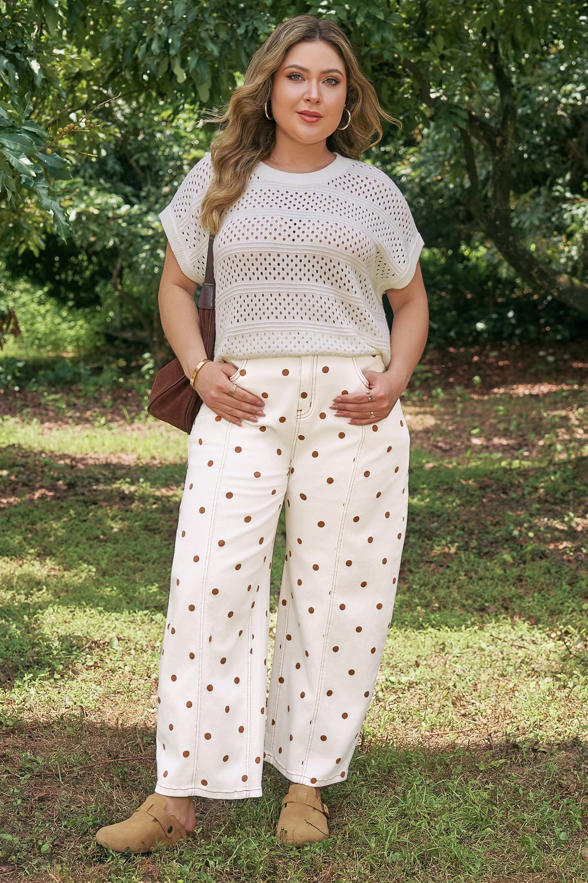 Beige Polka Dot Print Plus Size Barrel Jeans
