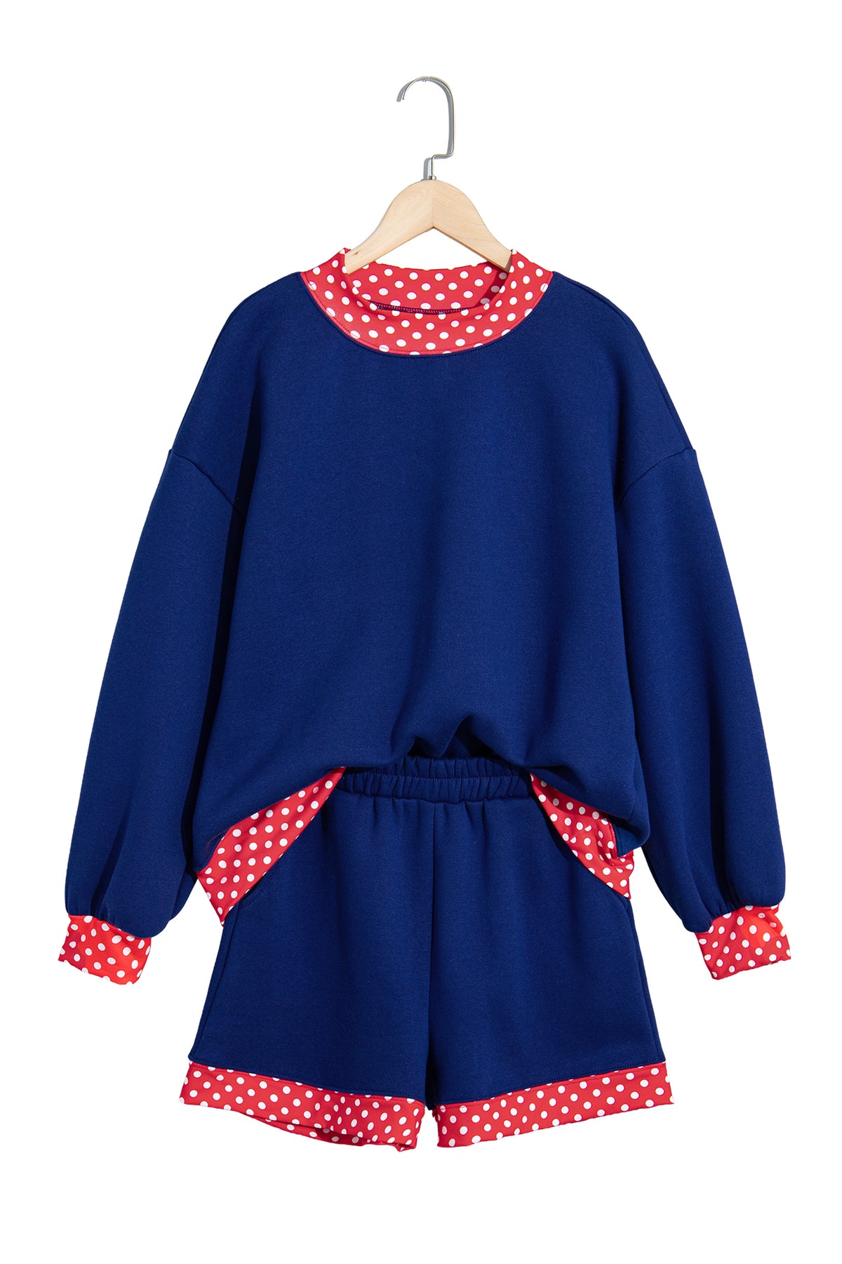 Dark Blue Polka Dot Trim Baggy Pullover 2pcs Short Set