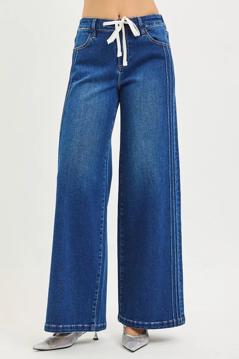 RISEN Full Size Mid Rise Wide Side Pintuck Jeans with Front Drawstring