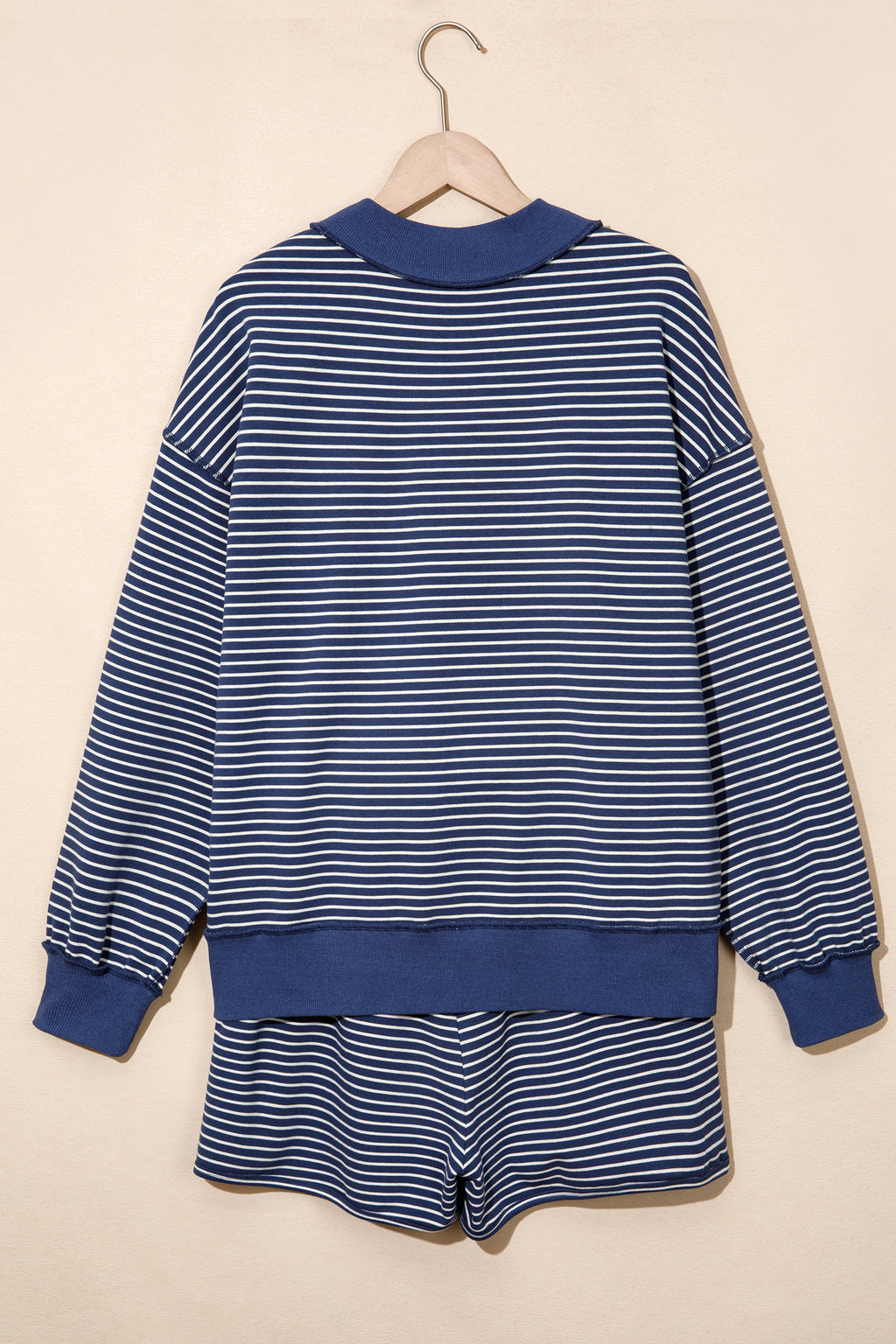 Pink Stripe Ribbed Patchwork Mock Neck Baggy Pullover Matching Shorts Set