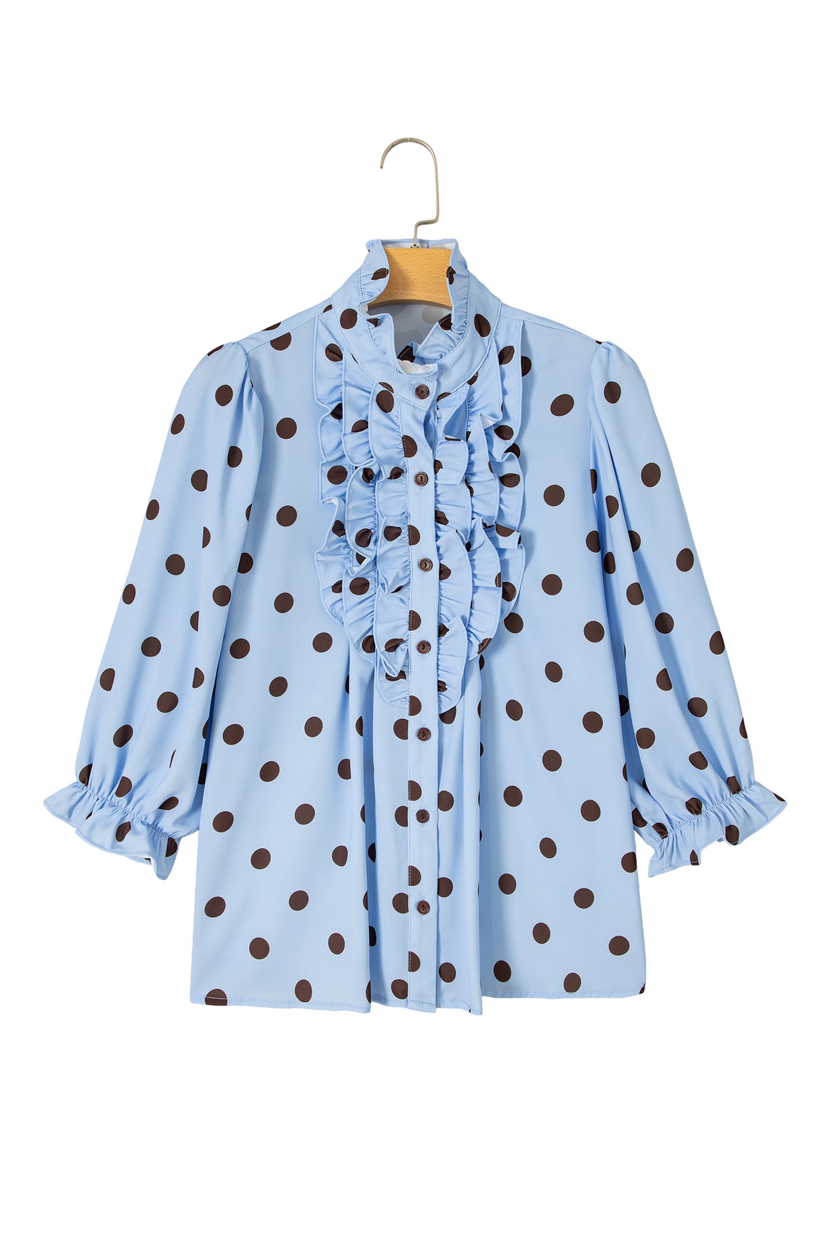 Sky Blue Polka Dot Print Ruffle Stand Neck 3/4 Sleeve Shift Shirt