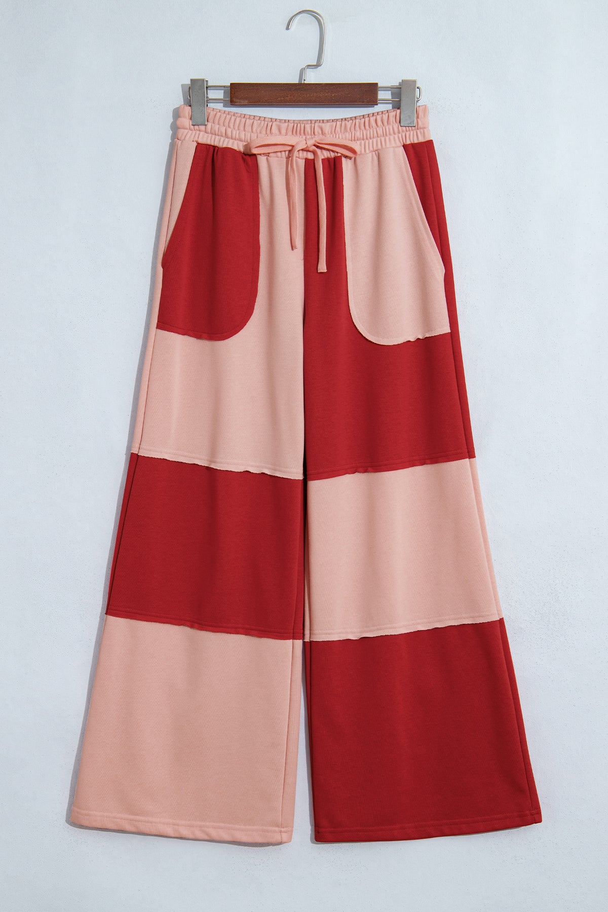 Fiery Red Raw Seam Colorblock Wide Leg Ankle Length Casual Pants