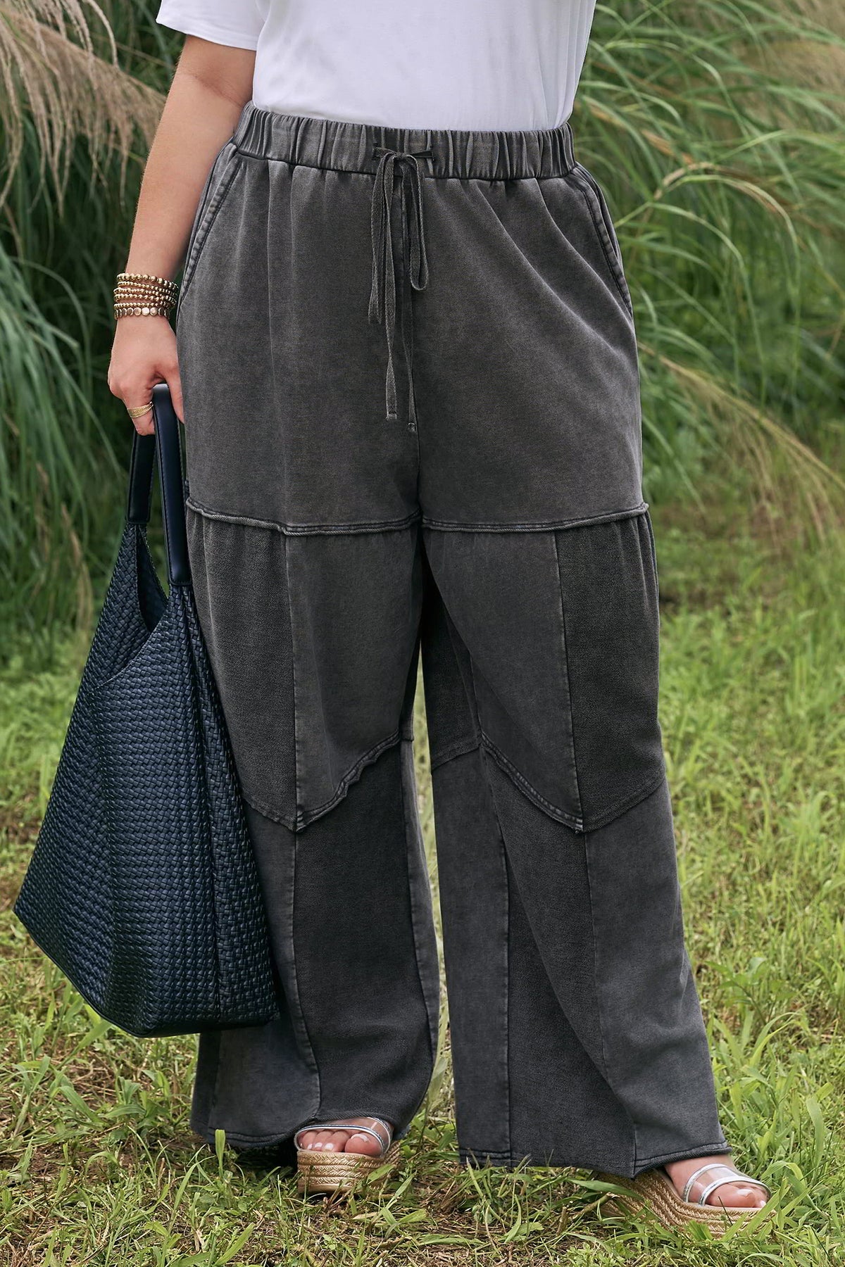 Black Plus Size Mineral Wash Exposed Seam Patchwork Drawstring Loose Pants