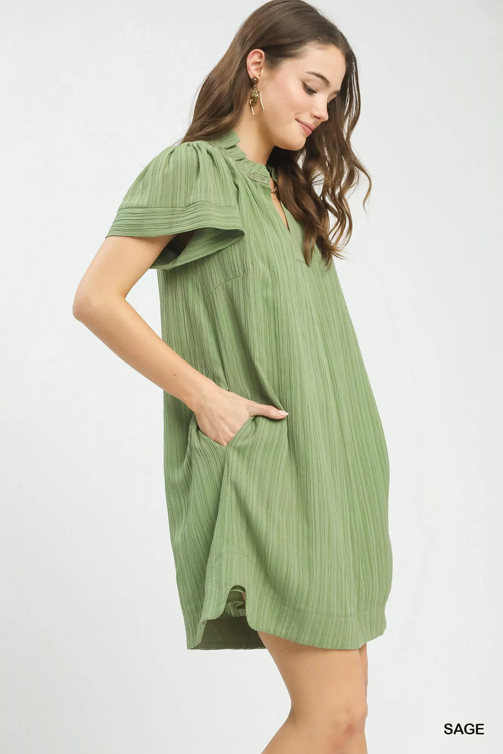 Umgee Flutter Sleeve V-Neck Shift Dress
