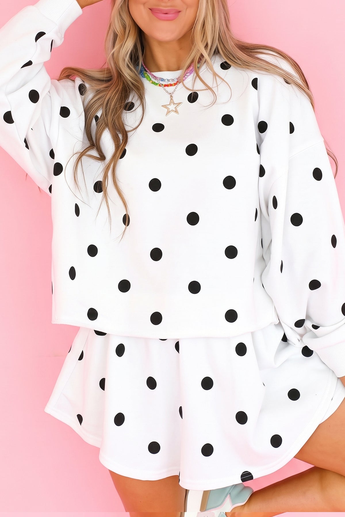 Brown Polka Dot Raw Hem Relaxed Pullover Loose Skort Two Piece Set