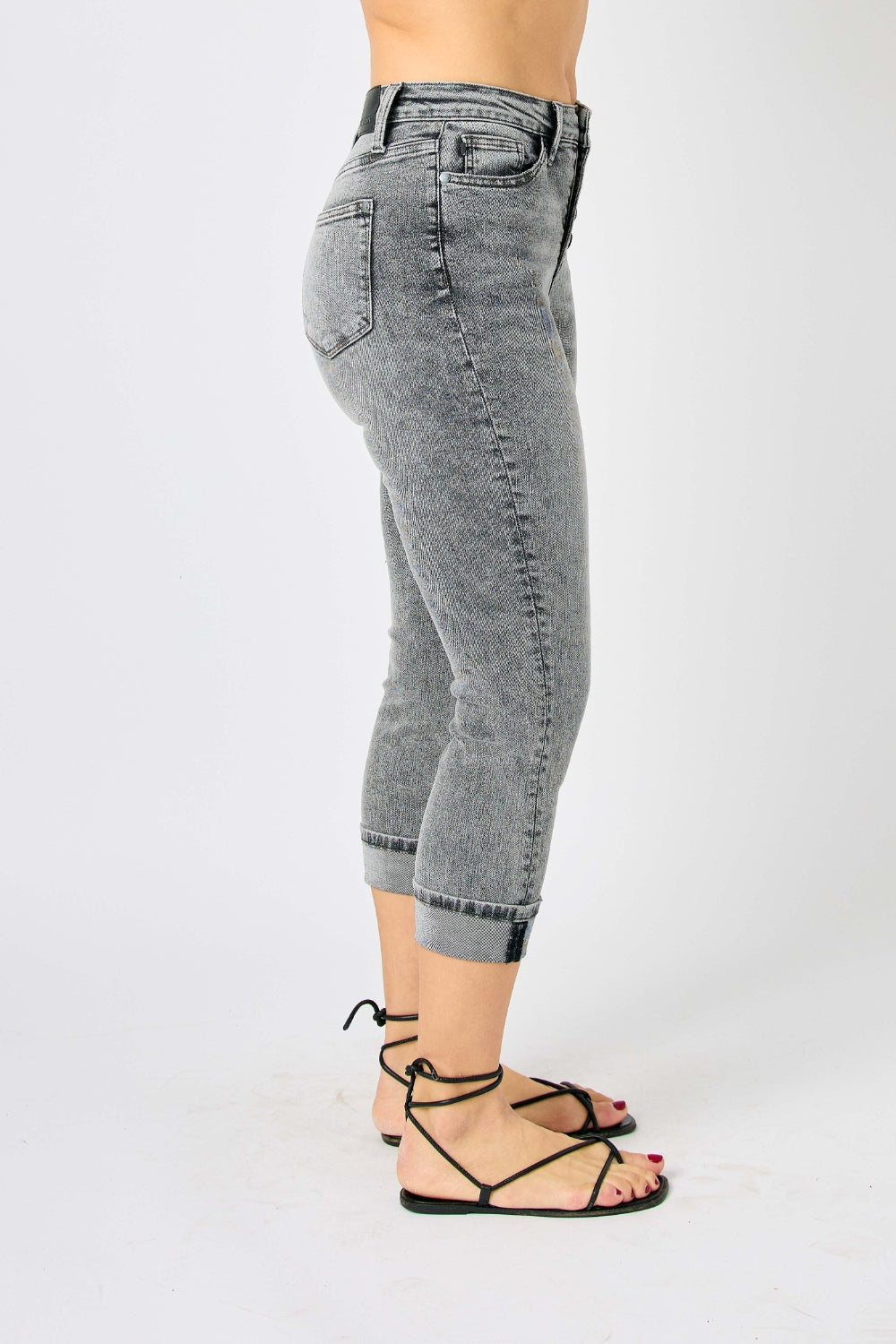 Judy Blue Sasha High Waist Cuffed Button Fly Gray Denim Capri Jeans