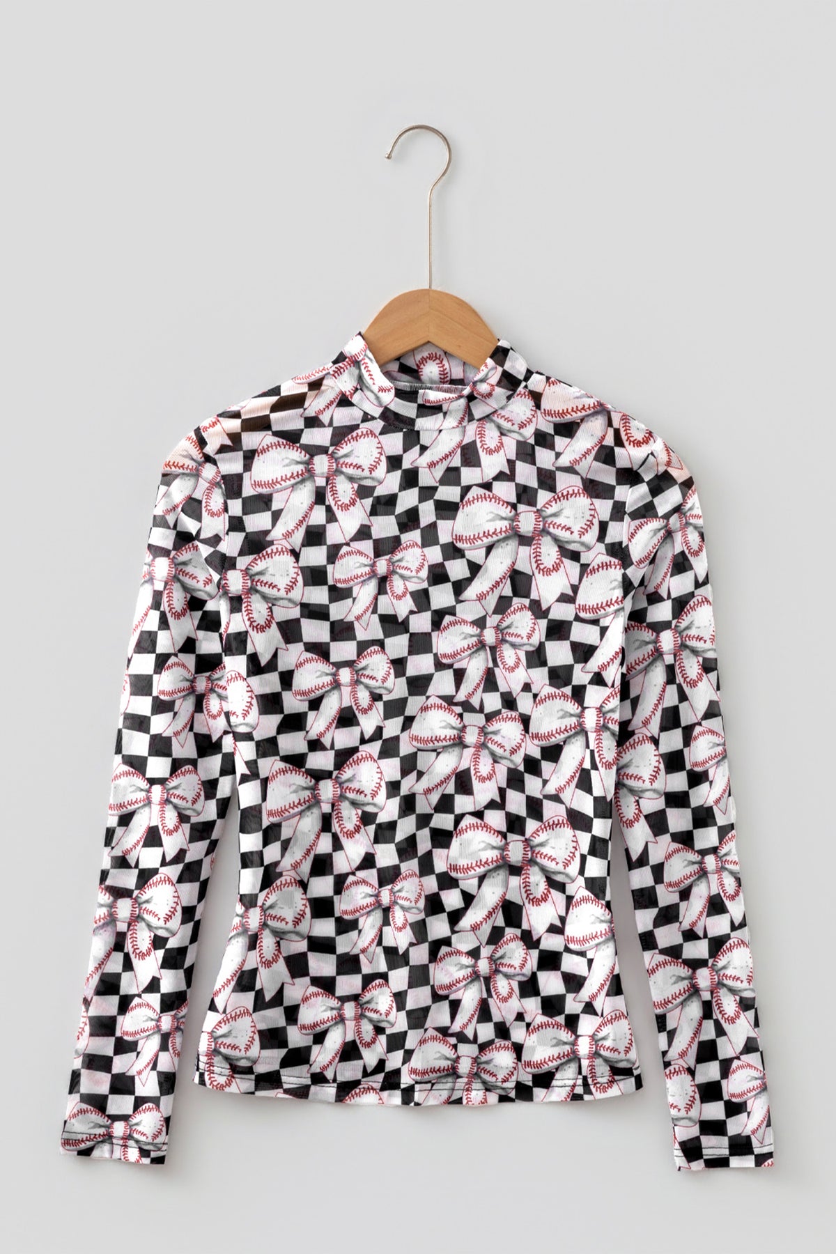 Black Checkered Baseball Bow Print High Neck Long Sleeve Mesh Top