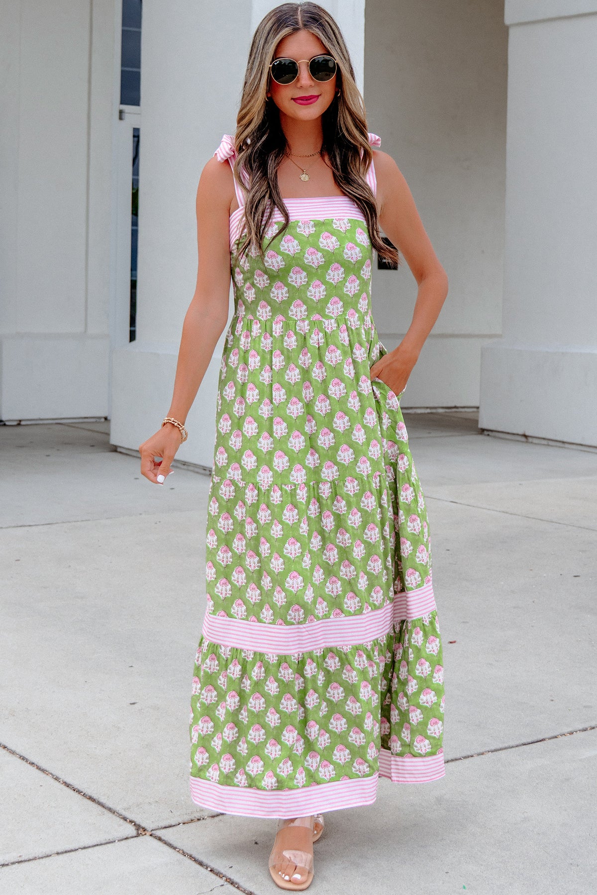 Green Floral Print Striped Detail Knot Straps Maxi Dress