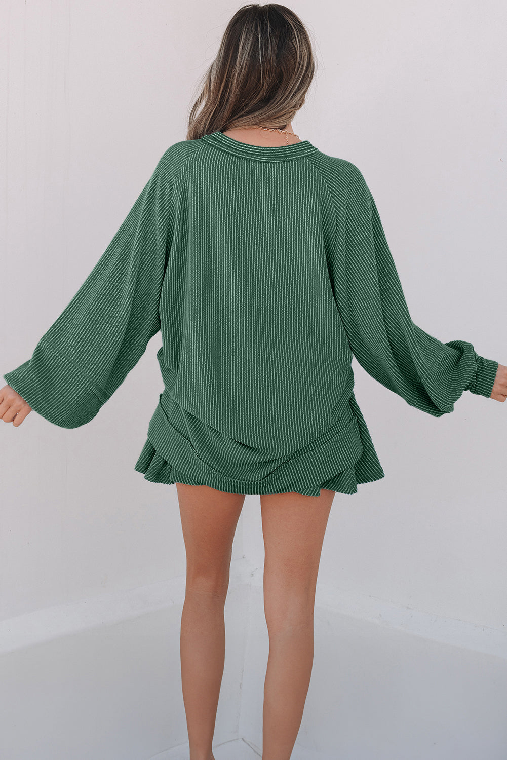 Sky Blue Corded Lantern Sleeve Top High Waist Ruffled Mini Skort Set