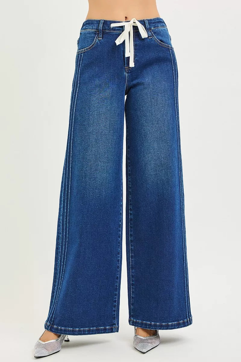 RISEN Full Size Mid Rise Wide Side Pintuck Jeans with Front Drawstring