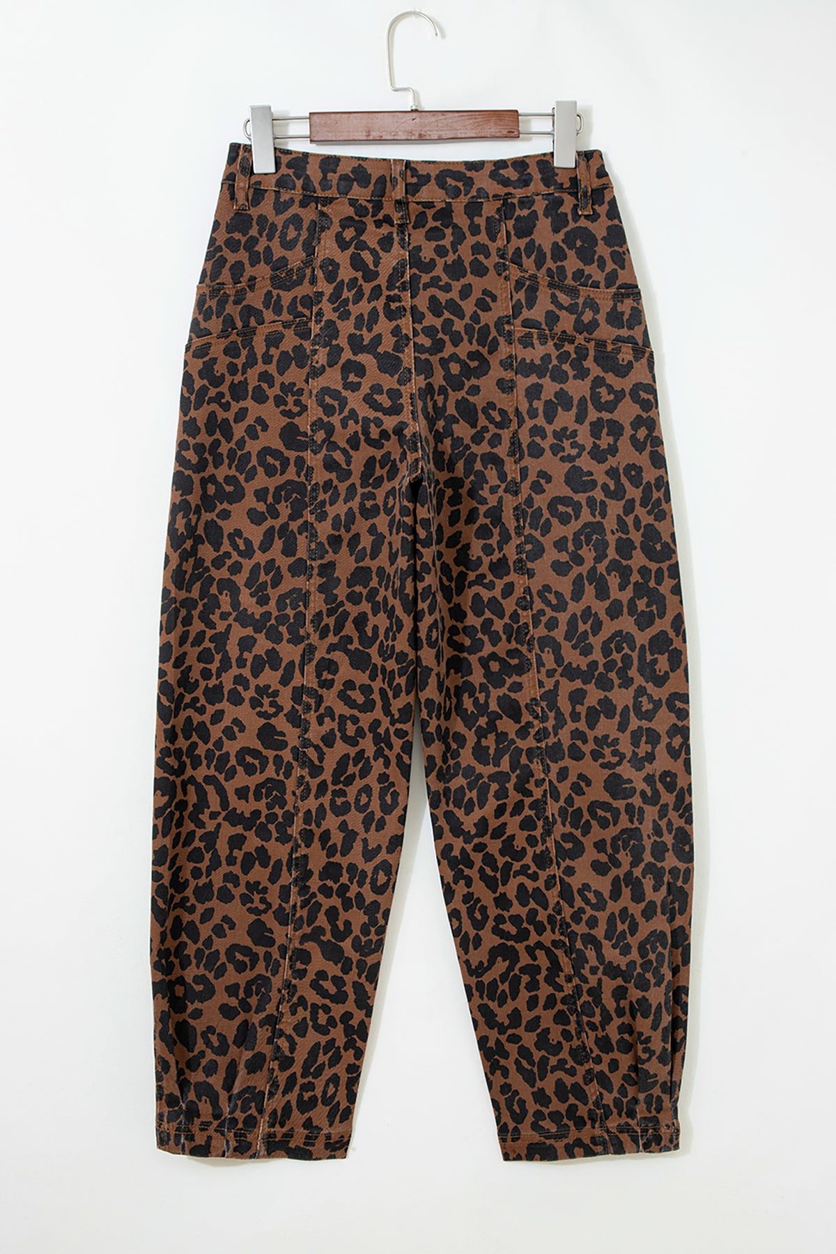 Brown Clear Seam Detail Patchwork Leopard Print Barrel Jeans