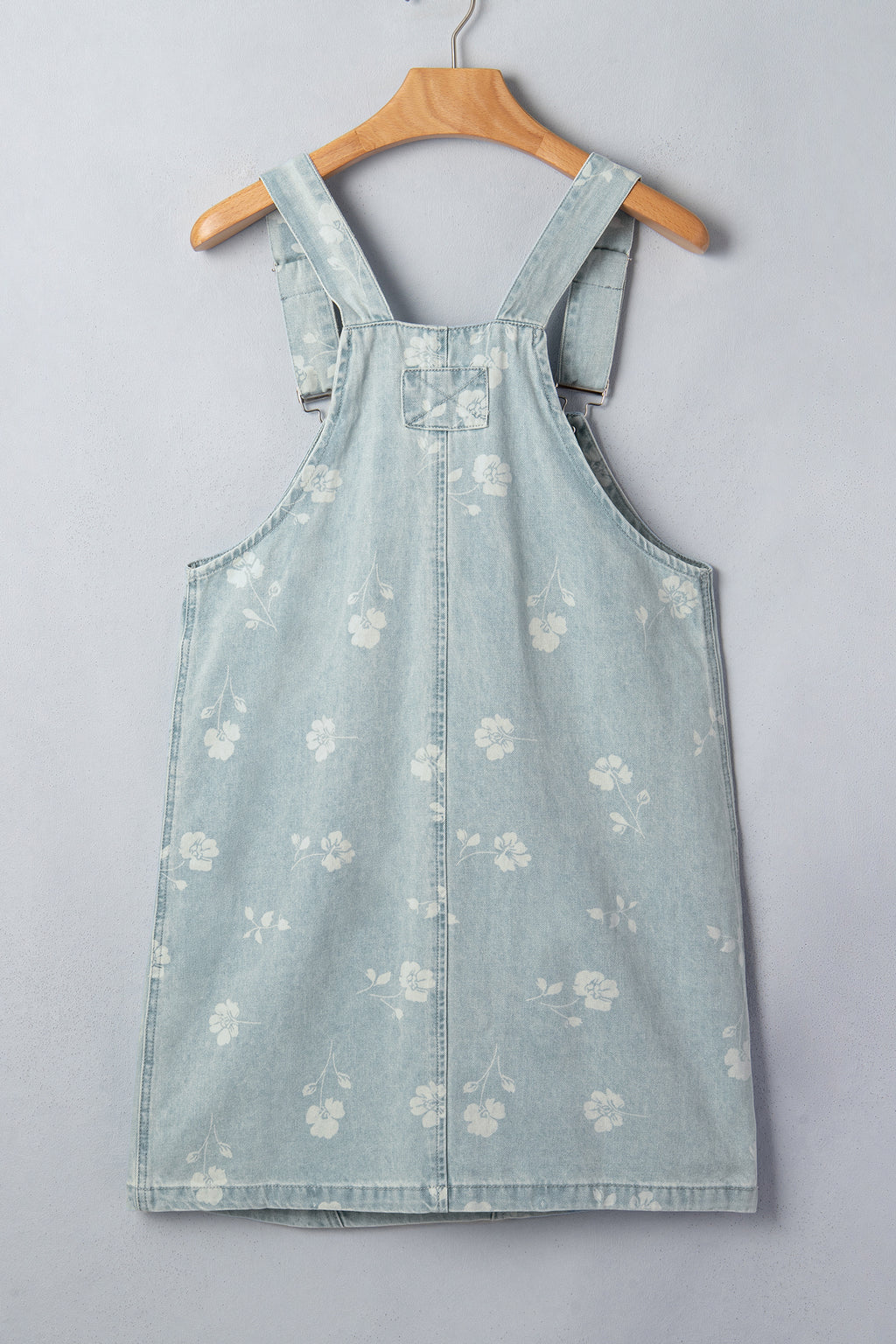 Sky Blue Retro Wash Denim Floral Print Overall Mini Dress