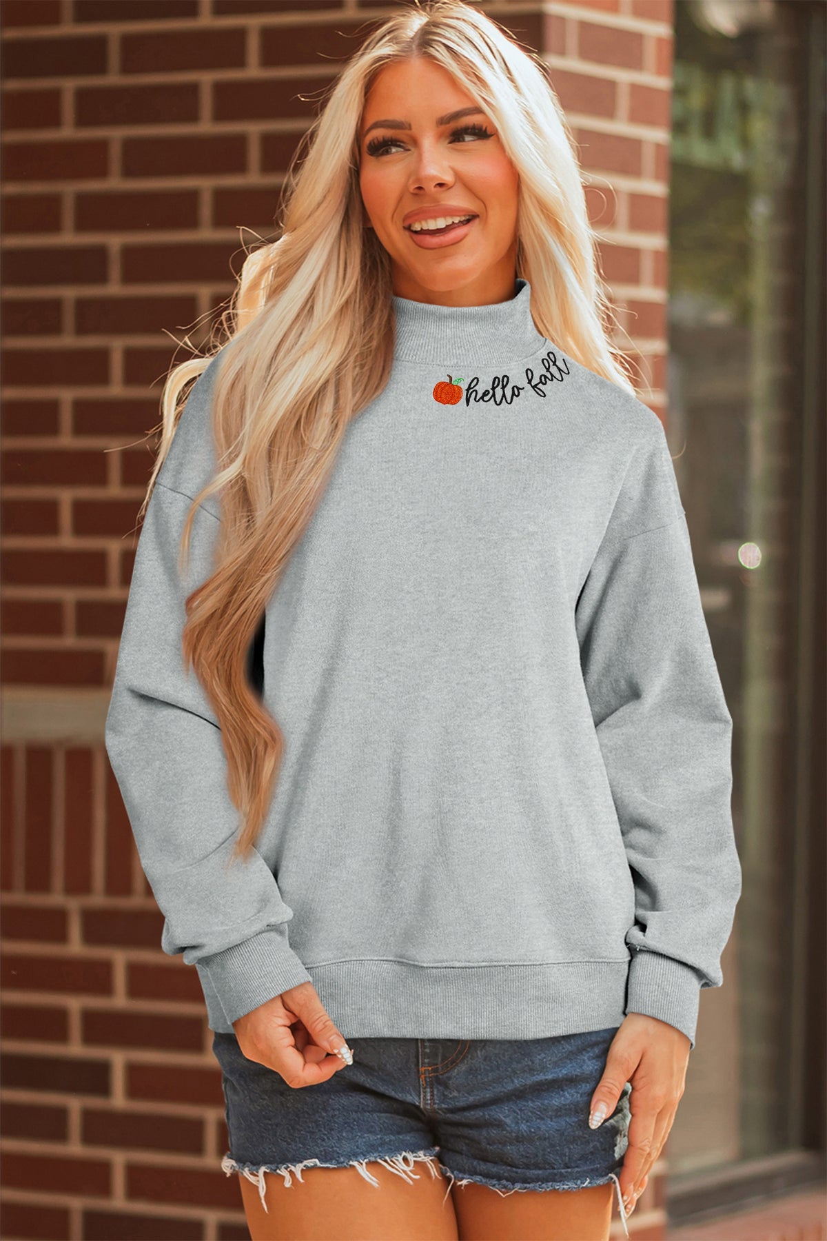 Gray hello fall Embroidered Pumpkin Detail Mock Neck Sweatshirt