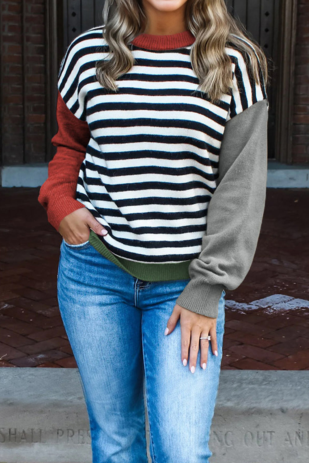 Color black Striped Panels Colorblock Sleeve Chic Sweater