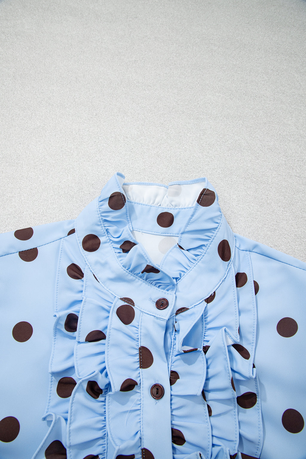 Sky Blue Polka Dot Print Ruffle Stand Neck 3/4 Sleeve Shift Shirt