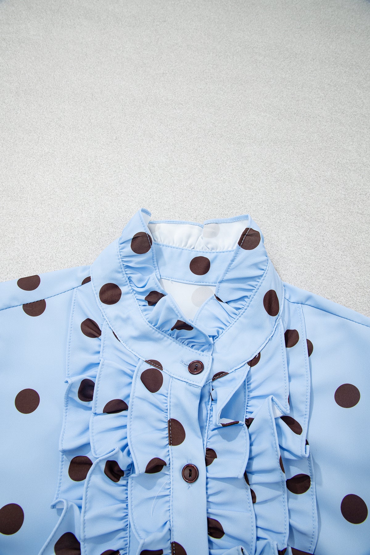 Sky Blue Polka Dot Print Ruffle Stand Neck 3/4 Sleeve Shift Shirt