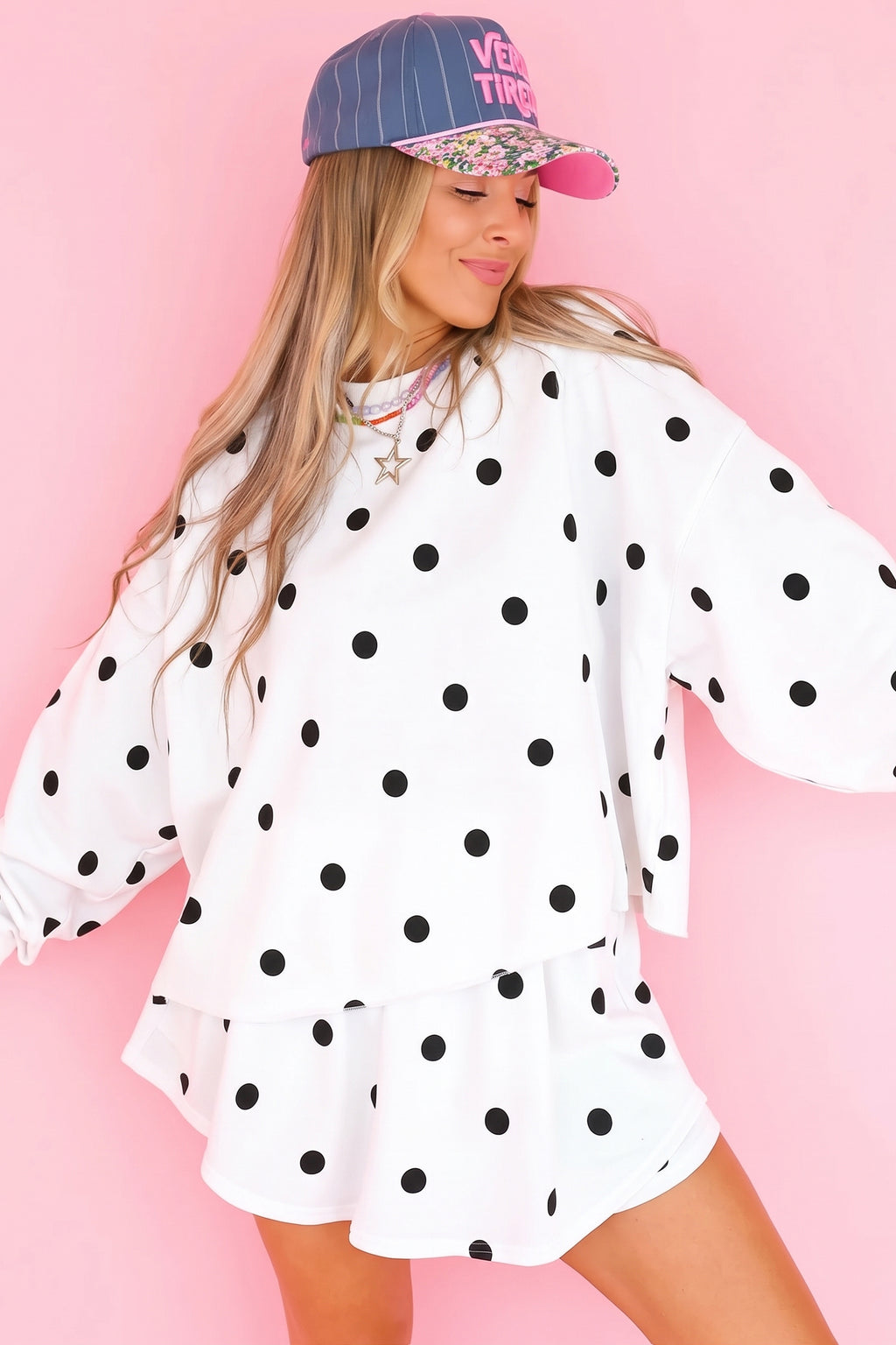 Brown Polka Dot Raw Hem Relaxed Pullover Loose Skort Two Piece Set