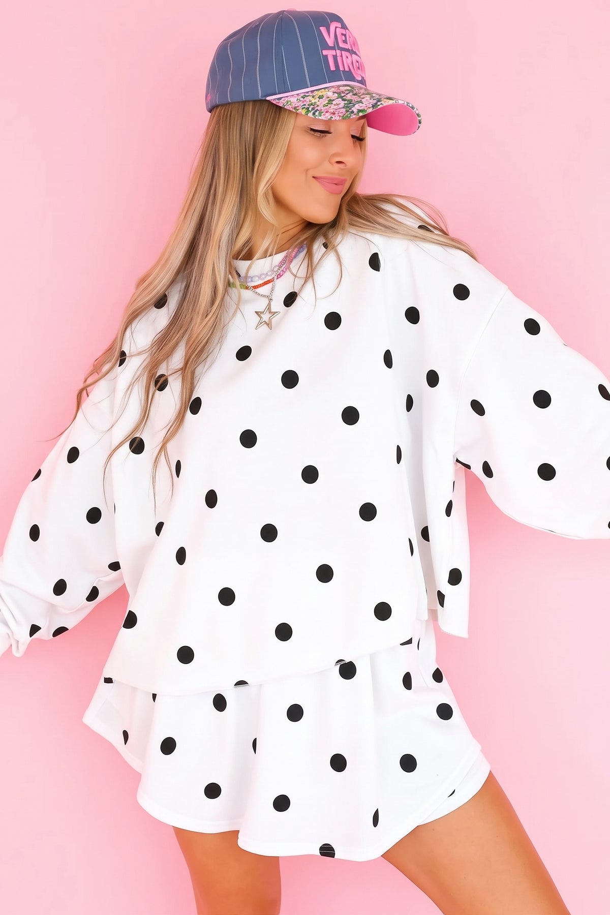 Brown Polka Dot Raw Hem Relaxed Pullover Loose Skort Two Piece Set