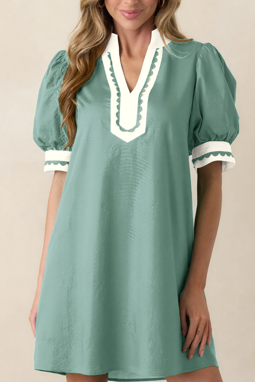 Light Pink Scallop Color Block Trim Puff Sleeve Mini Dress