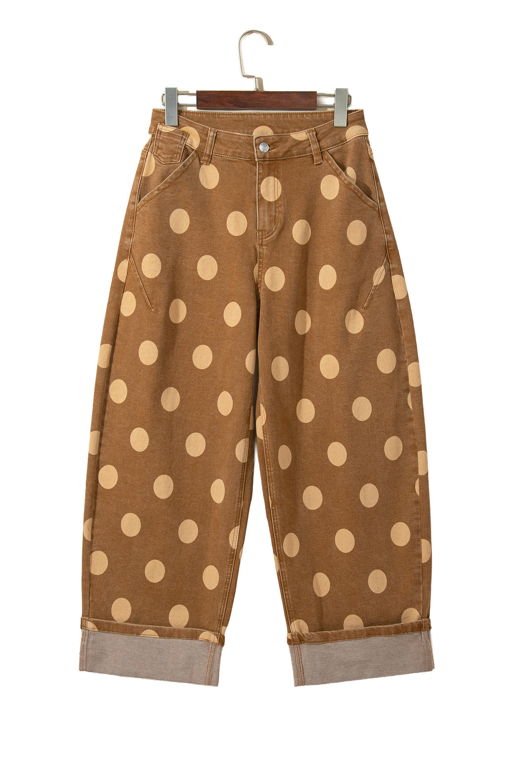 Brown Polka Dot Ankle-Length Metal Button Casual Jeans