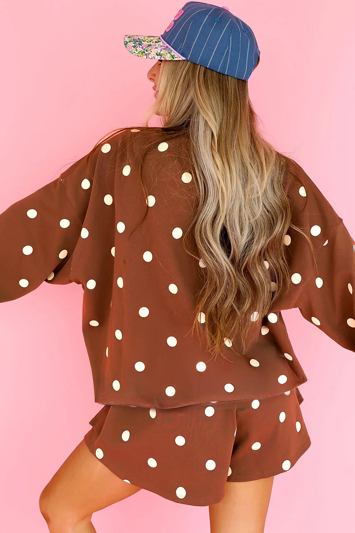 Brown Polka Dot Raw Hem Relaxed Pullover Loose Skort Two Piece Set