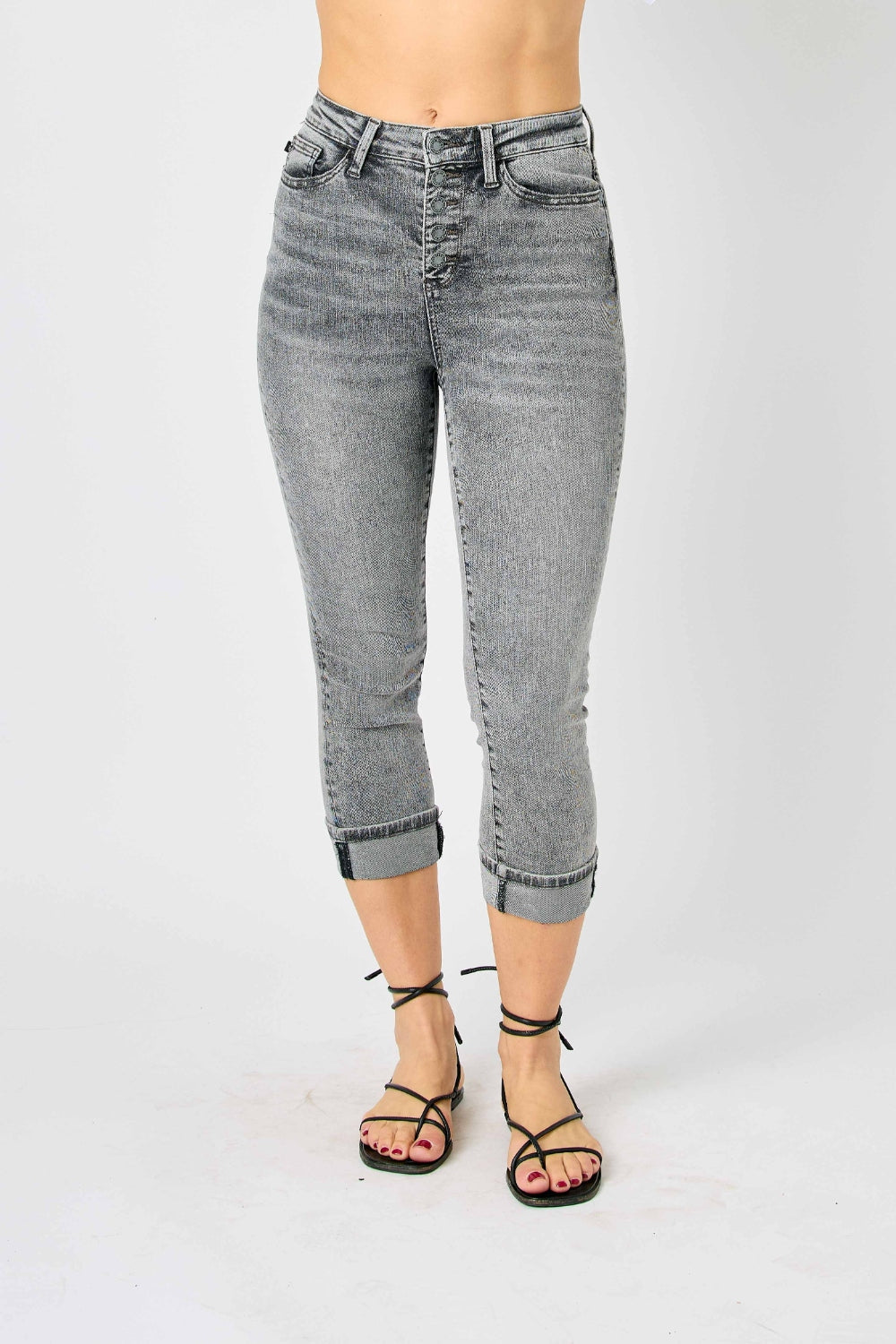 Judy Blue Sasha High Waist Cuffed Button Fly Gray Denim Capri Jeans