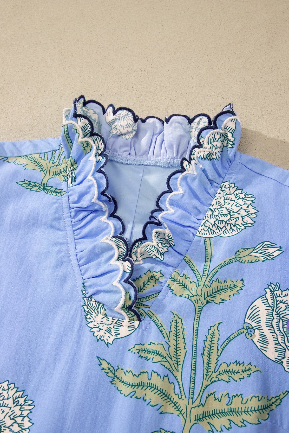 White Wild Floral Print Scalloped Embroidery Trim V Neck Drop Waist Mini Dress