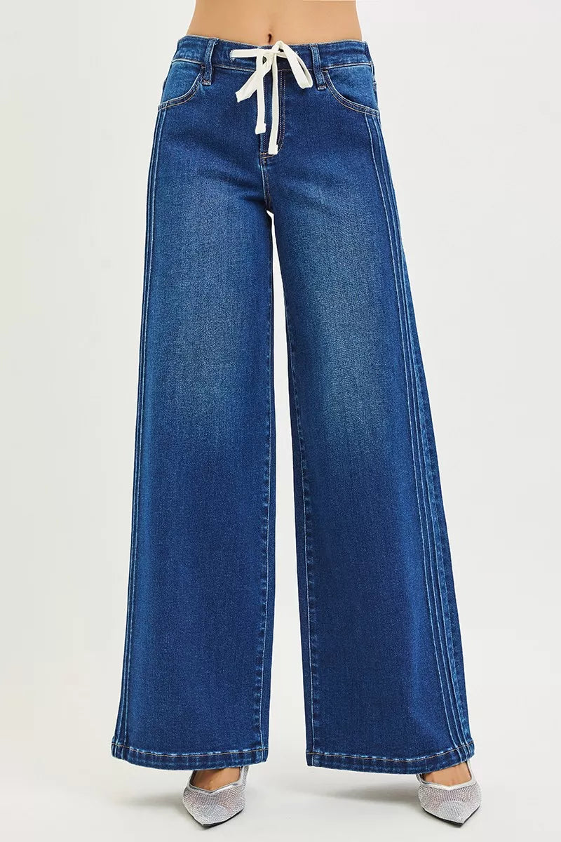RISEN Full Size Mid Rise Wide Side Pintuck Jeans with Front Drawstring