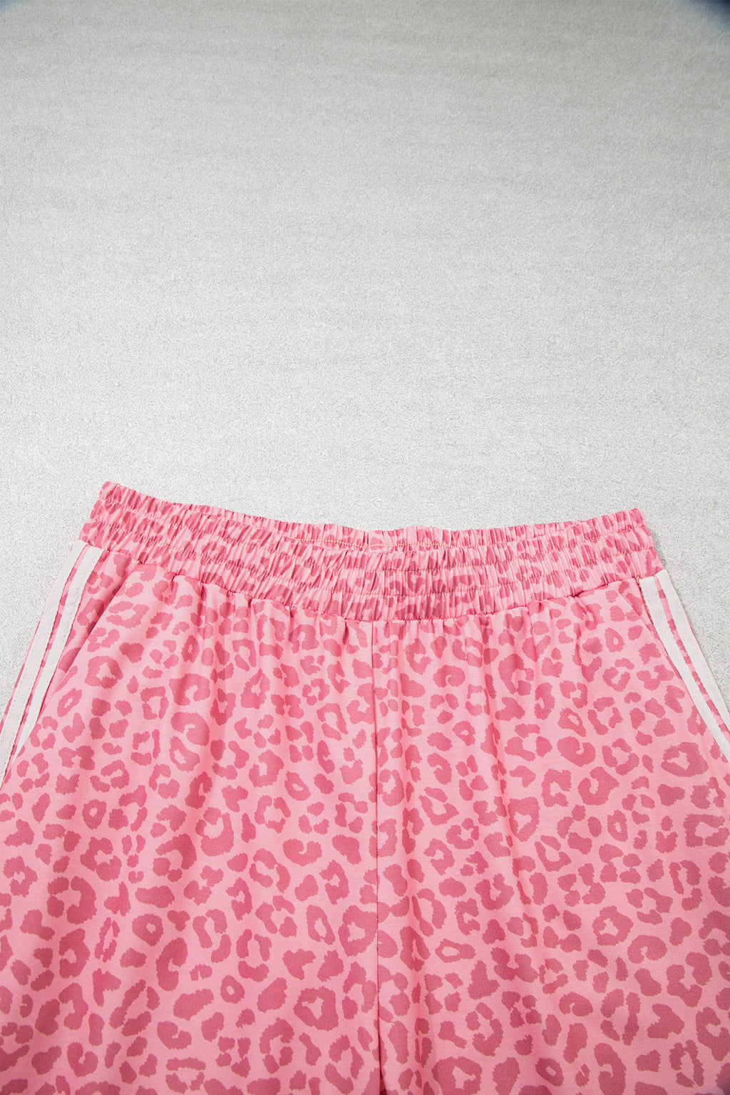 Pink Leopard Print Varsity Striped Detail 3/4 Sleeve Top Shift Pant Set