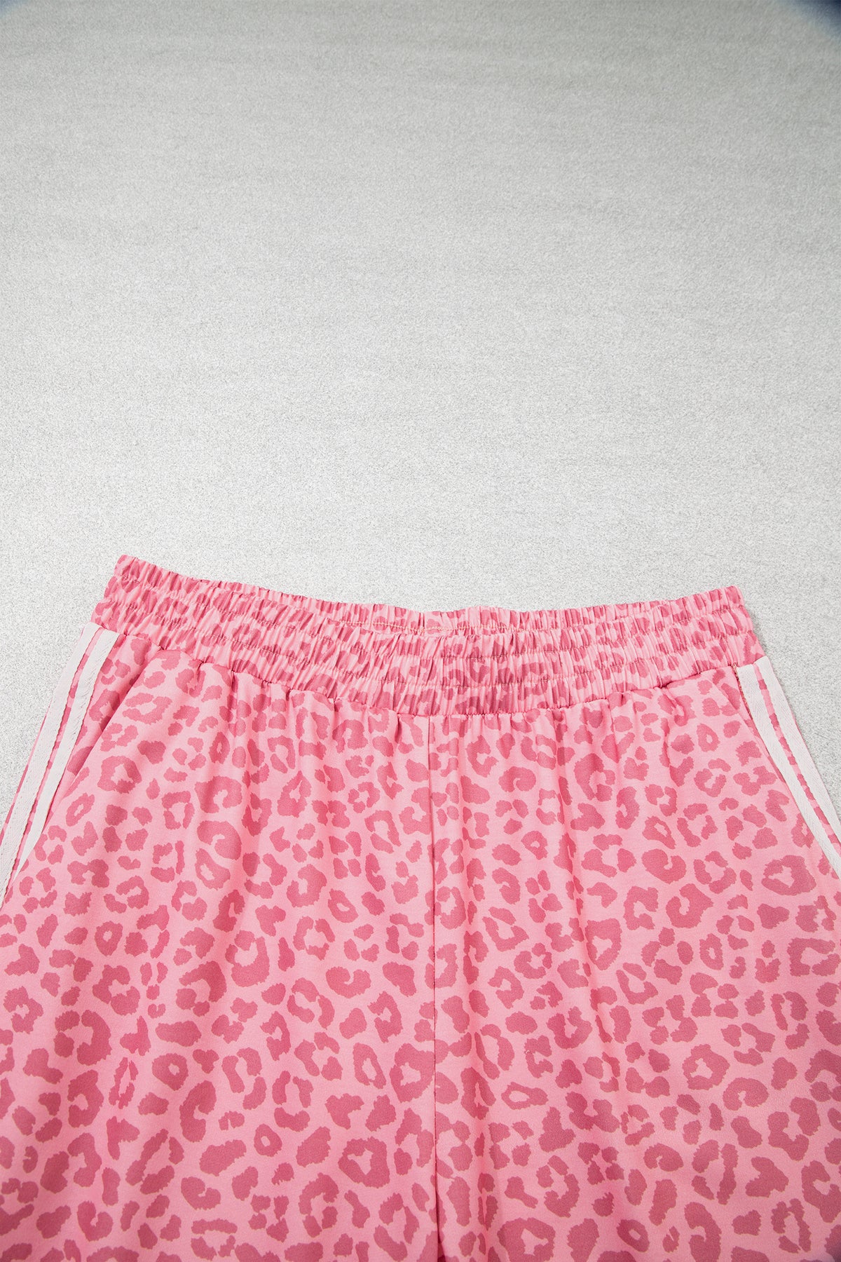 Pink Leopard Print Varsity Striped Detail 3/4 Sleeve Top Shift Pant Set